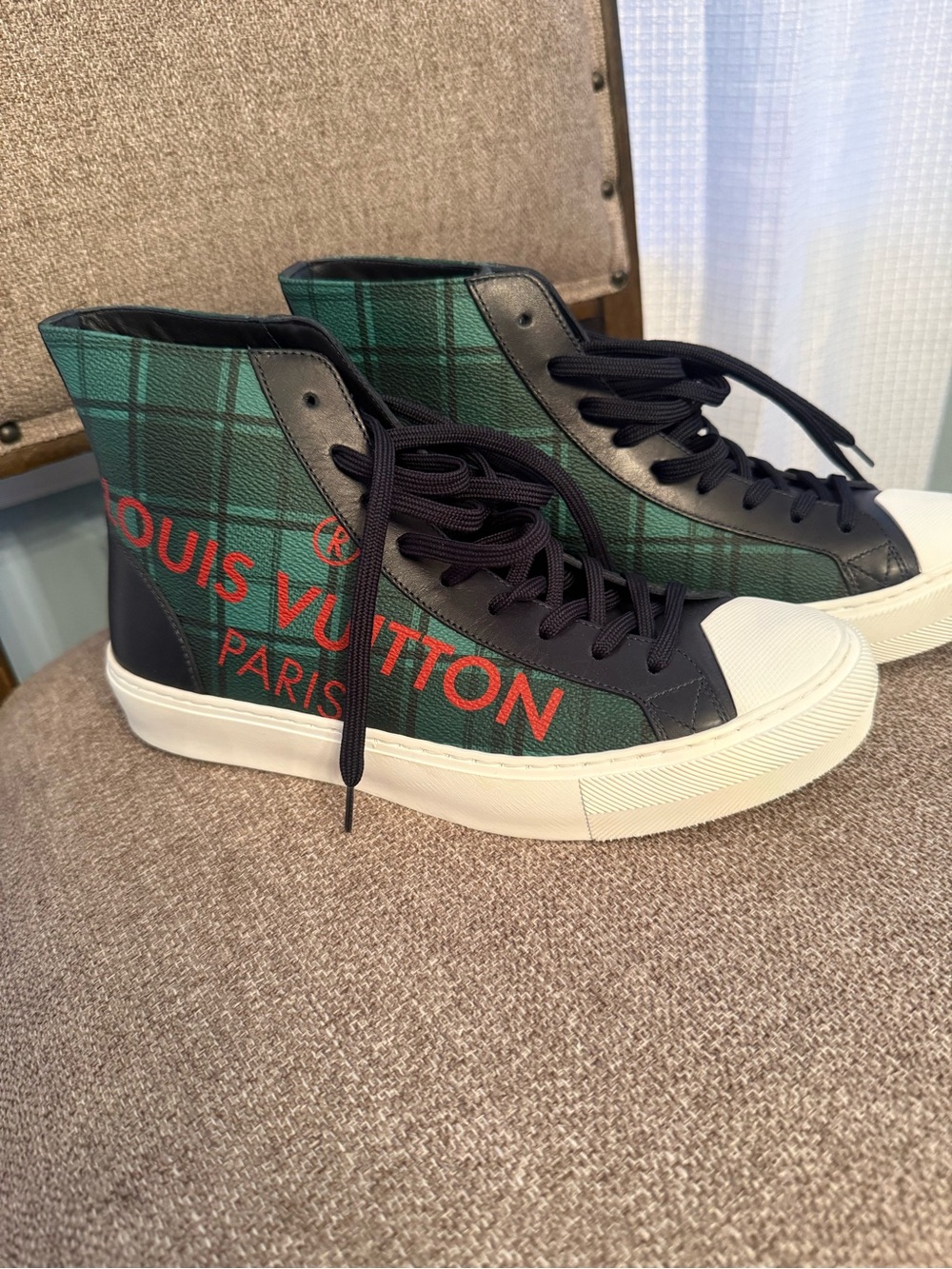 Louis Vuitton Green Plaid High-Top Sneakers with Red Logo and Black Accents